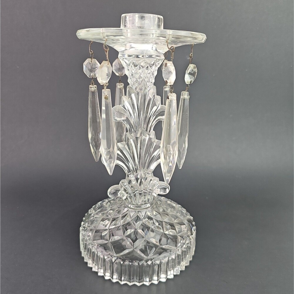 Vintage Indiana Glass Candle Holder with 6 Hangling Crystal  Prisms 8.25 inch